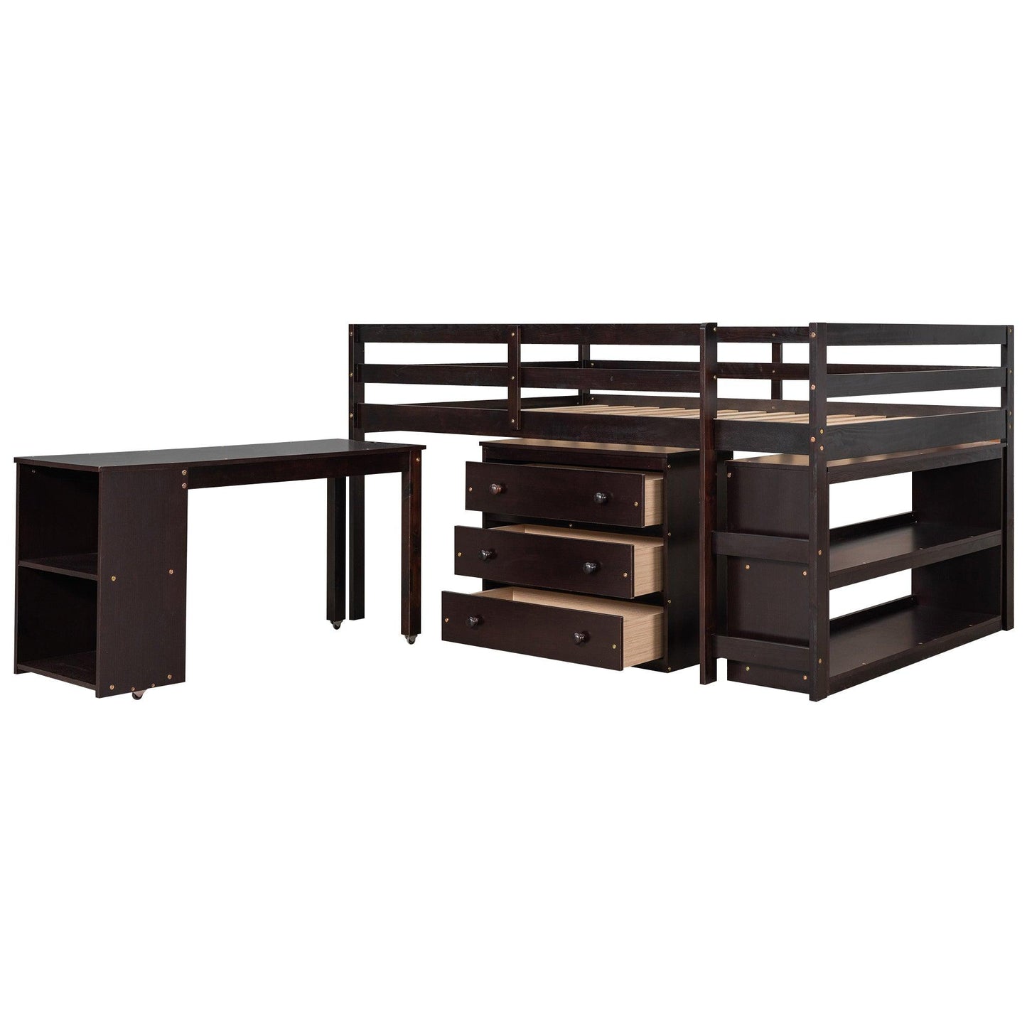 Low Study Full Loft Bed with Cabinet Shelves and Rolling Portable Desk Multiple Functions Bed- Espresso - FurniFindUSA