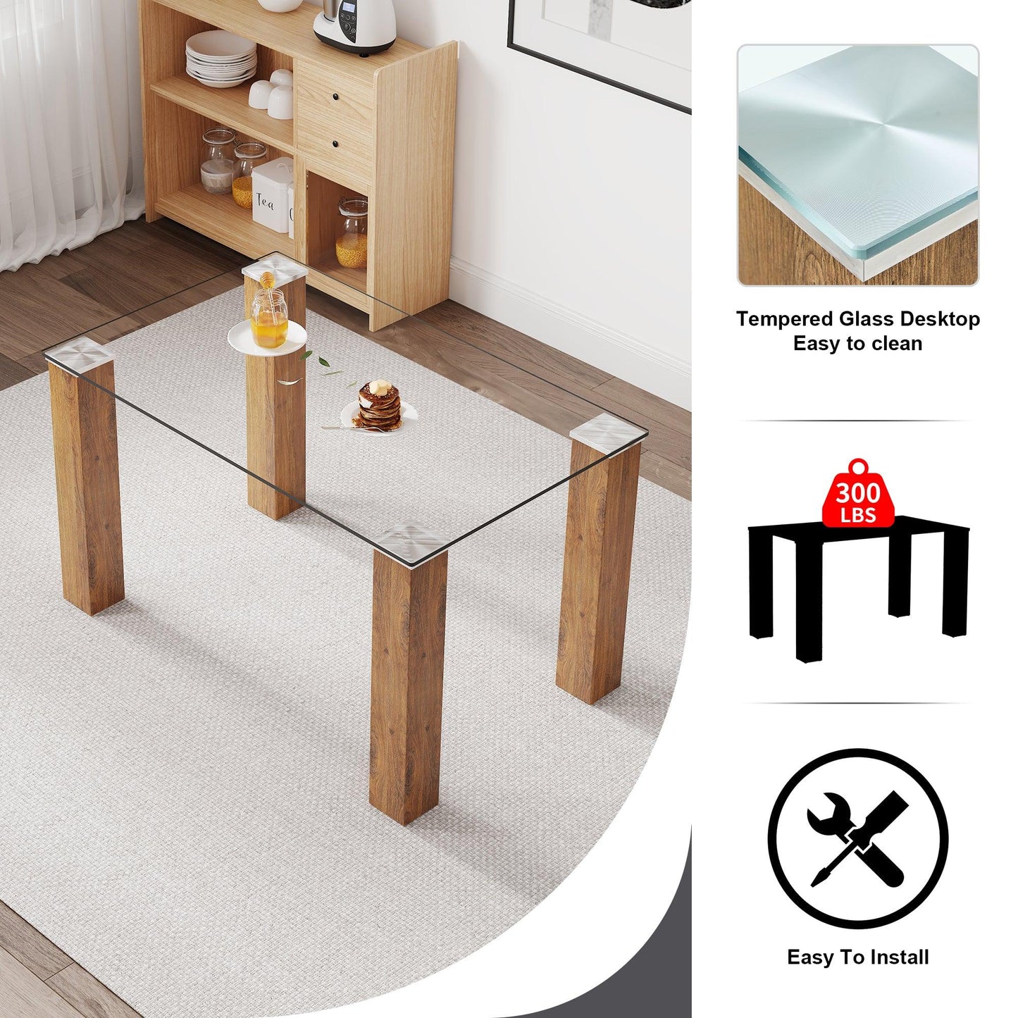 Modern minimalist rectangular dining table Glass desktop and wooden MDF table legs - FurniFindUSA