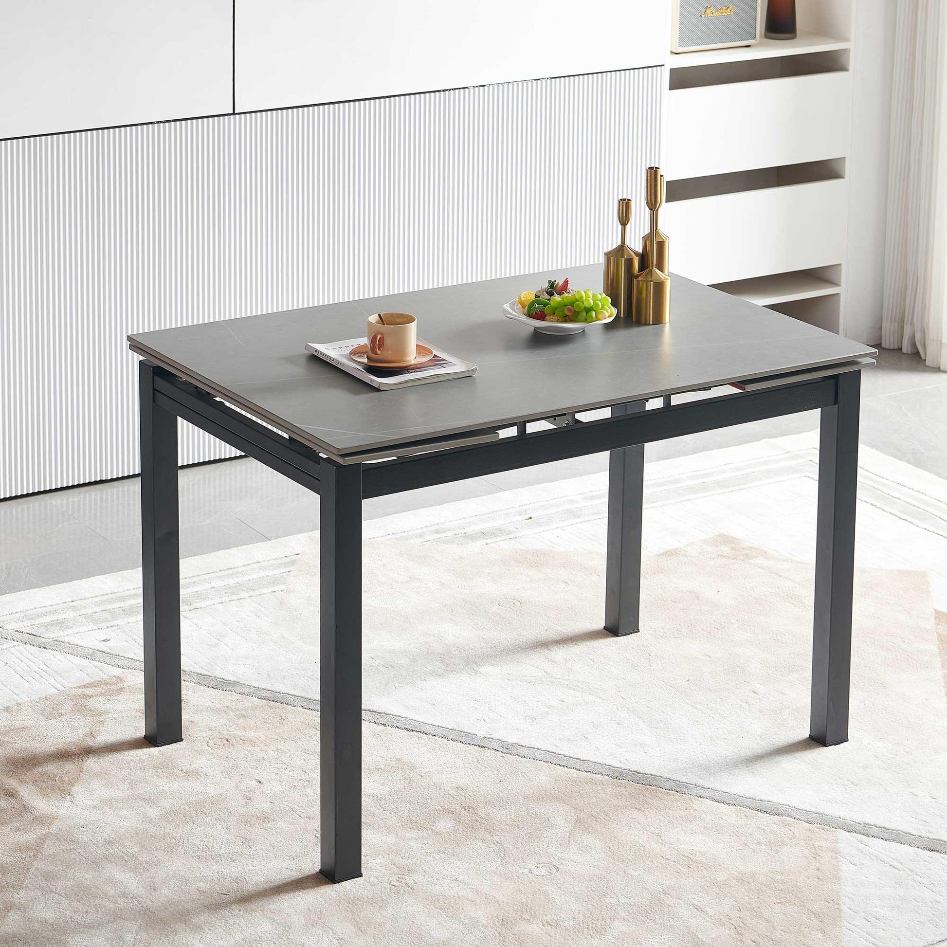 Grey Ceramic Modern Rectangular Expandable Dining Room Table For Space-Saving Kitchen Small Space -Table - FurniFindUSA