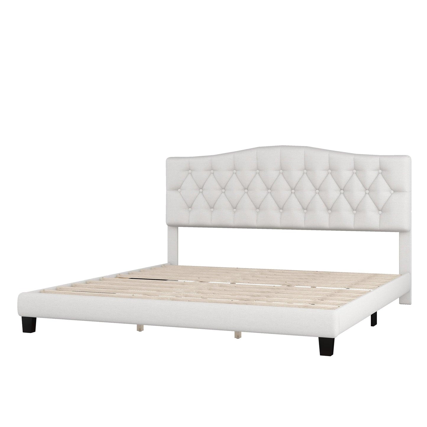 Upholstered Platform Bed with Saddle Curved Headboard and Diamond Tufted Details King Beige - FurniFindUSA