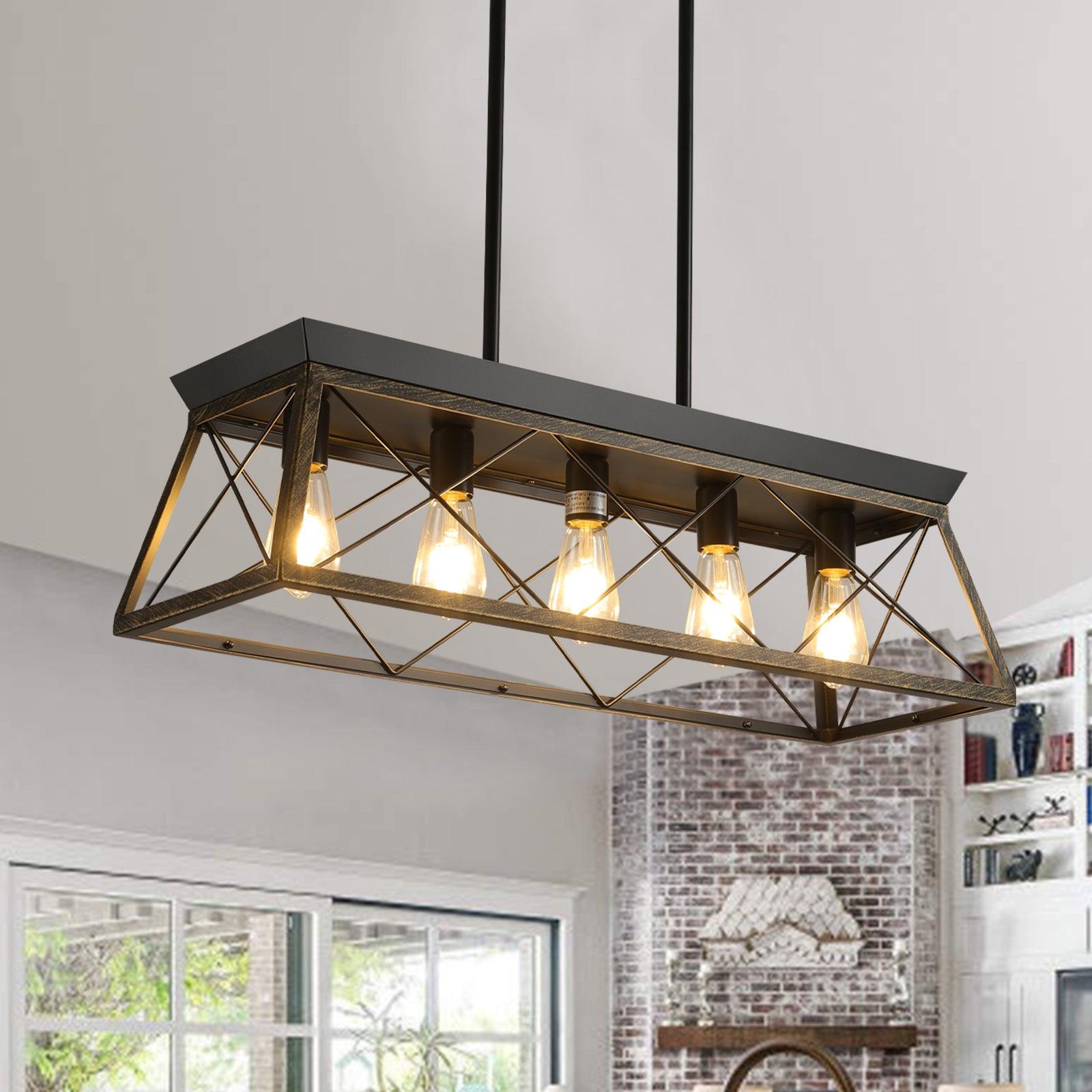 5-Light Farmhouse Chandeliers for Dining Room Metal Rustic Pendant Island Light Modern Rectangular Island Lights (No Bulbs) - FurniFindUSA