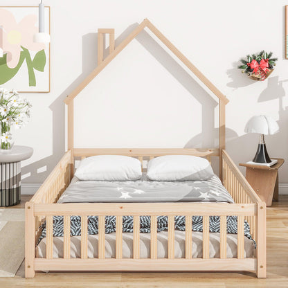 Full House-Shaped Headboard Floor Bed with Fence Natural - FurniFindUSA