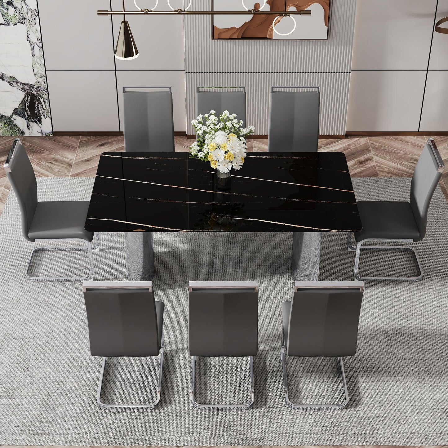 Modern minimalist dining table The black imitation marble glass desktop is equipped with silver metal legs - FurniFindUSA