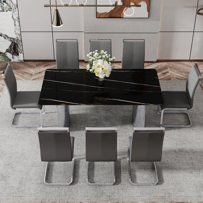 Modern minimalist dining table The black imitation marble glass desktop is equipped with silver metal legs - FurniFindUSA