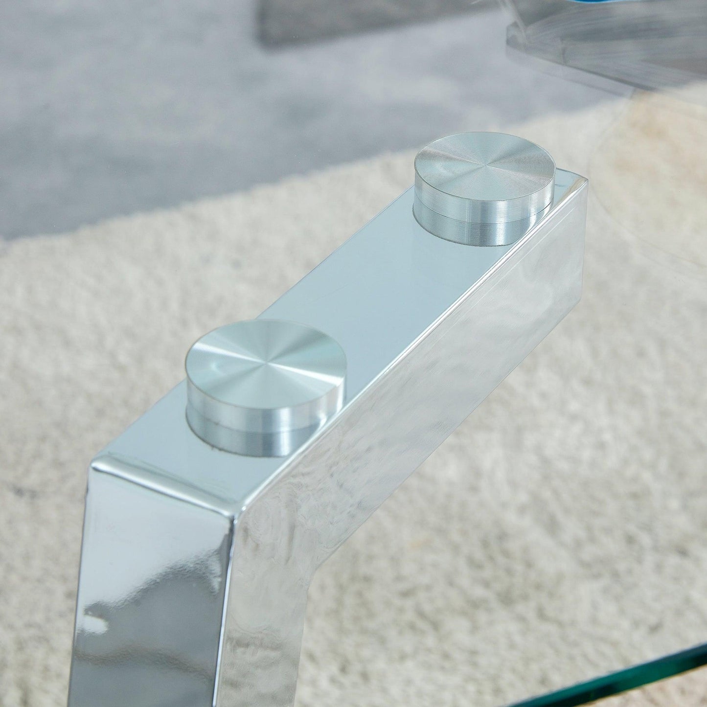 A modern minimalist rectangular glass dining table with tempered glass tabletop and silver metal legs - FurniFindUSA