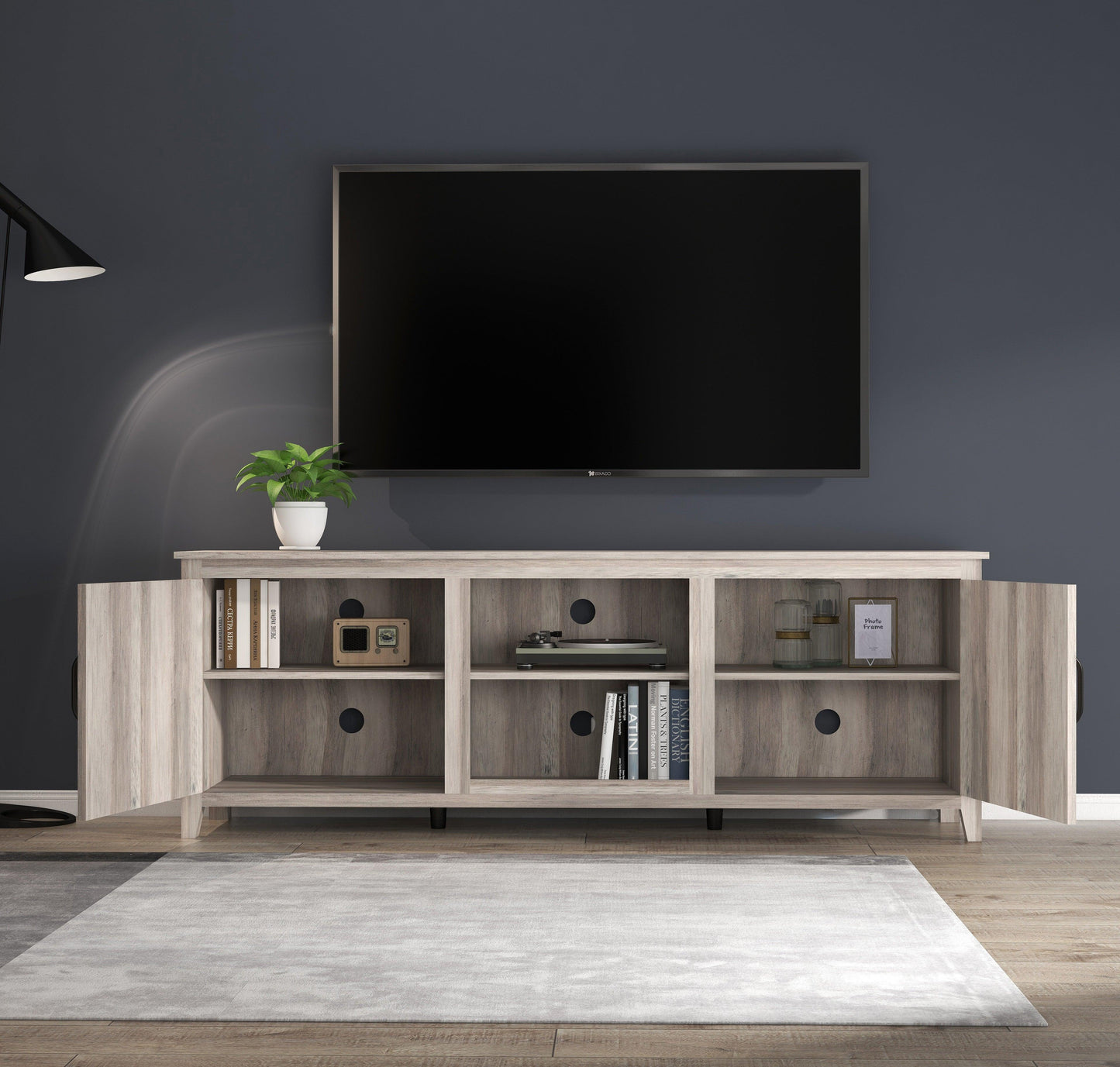 TV Stand Storage Media Console Entertainment Center With Two Doors Grey Walnut - FurniFindUSA