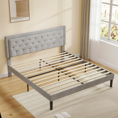 Light Grey Bed Frame with Adjustable Border Headboard Queen Size - FurniFindUSA