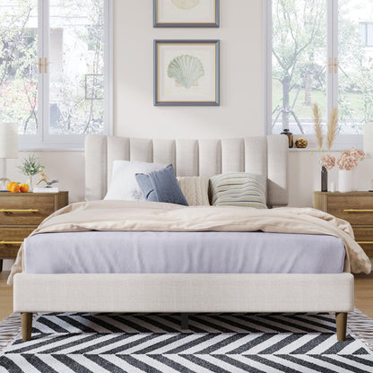 Upholstered Platform Bed Frame with Vertical Channel Tufted Headboard No Box Spring Needed Queen Cream - FurniFindUSA