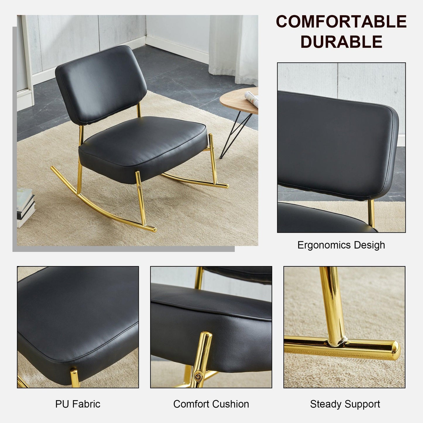 PU material cushioned rocking chair unique rocking chair cushioned seat black backrest rocking chair and gold metal legs - FurniFindUSA