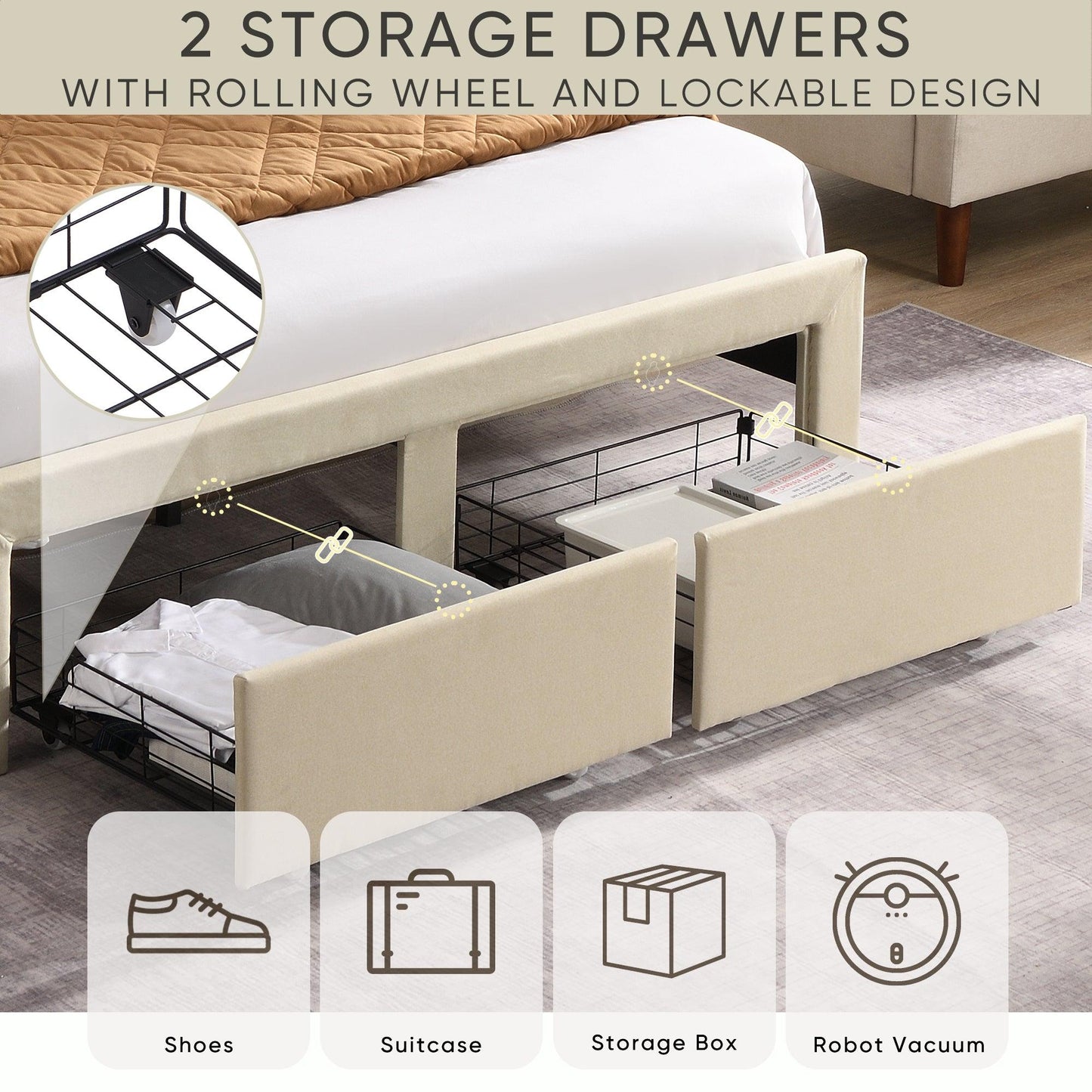 Queen Size Bed Frame with 2 Storage Drawers Upholstered Bed Frame - FurniFindUSA