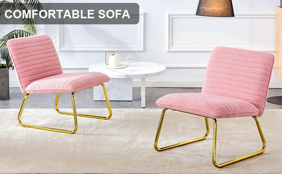 Modern minimalist pink plush fabric single person sofa chair with golden metal legs - FurniFindUSA