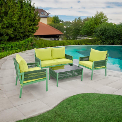 Outdoor Furniture with Tempered Glass Table, Set Deep Seating with Thick Cushion (Fluorescent Yellow & Green) - FurniFindUSA