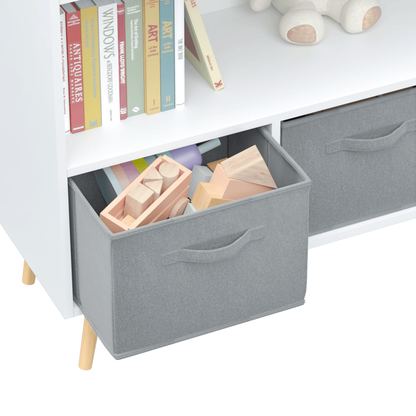 Kids bookcase with Collapsible Fabric Drawers Children's Book Display Toy Storage Cabinet Organizer White/Gray - FurniFindUSA