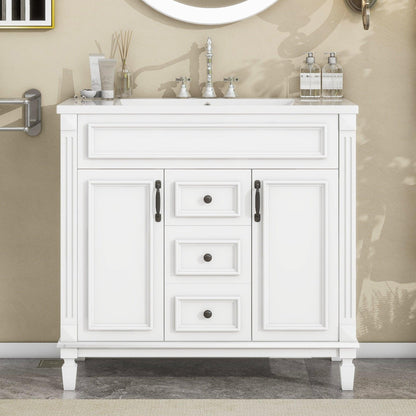 36 inch white bathroom vanity with top sink, equipped with 2 soft closing doors and 2 drawers, bathroom storage cabinet, single - FurniFindUSA