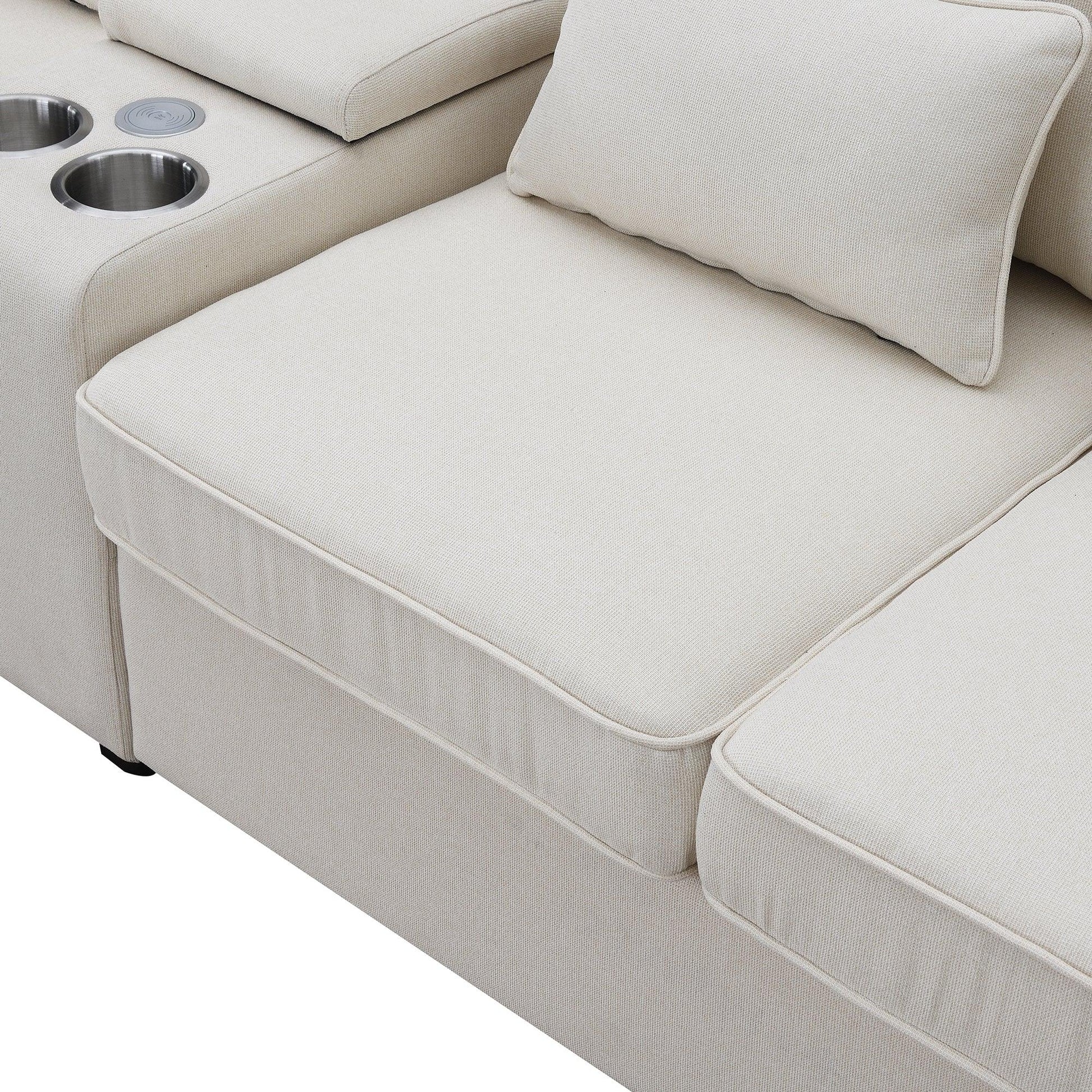 114.2" Upholstered Sofa with Console 2 Cupholders and 2 USB Ports Wired or Wirelessly Charged (4-Seat) - FurniFindUSA