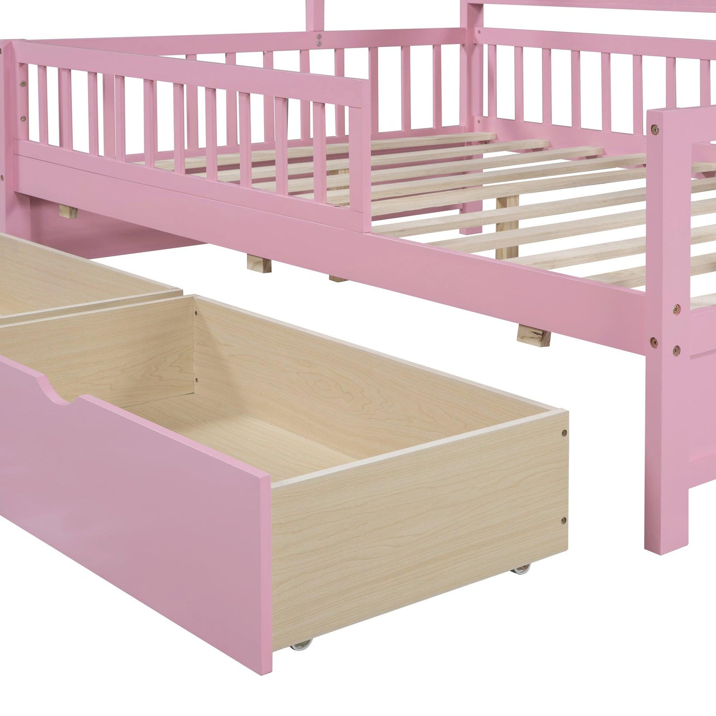 Wooden Full Size House Bed with 2 Drawers Kids Bed with Storage Shelf Pink - FurniFindUSA