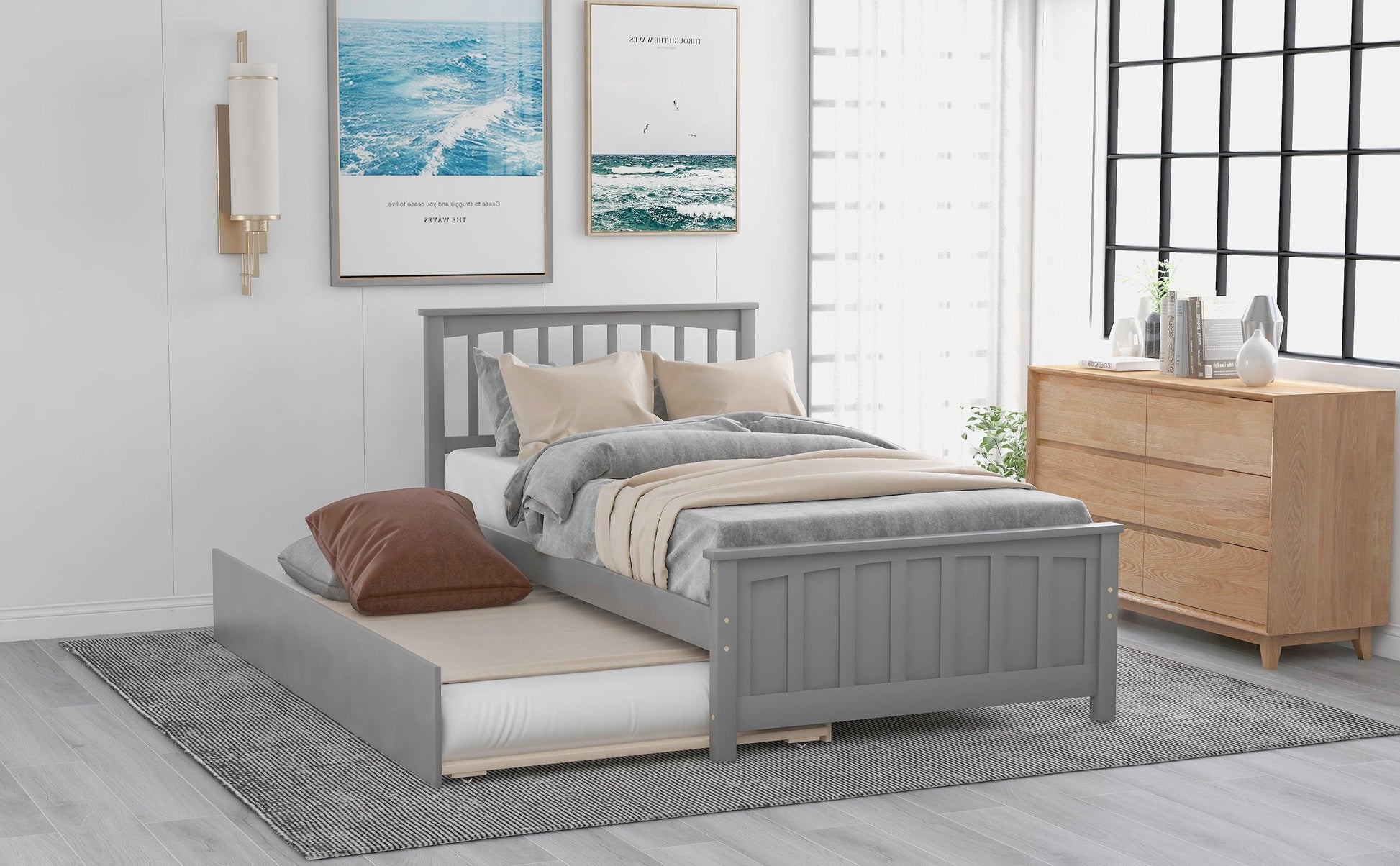 Twin size Platform Bed with Trundle Gray - FurniFindUSA