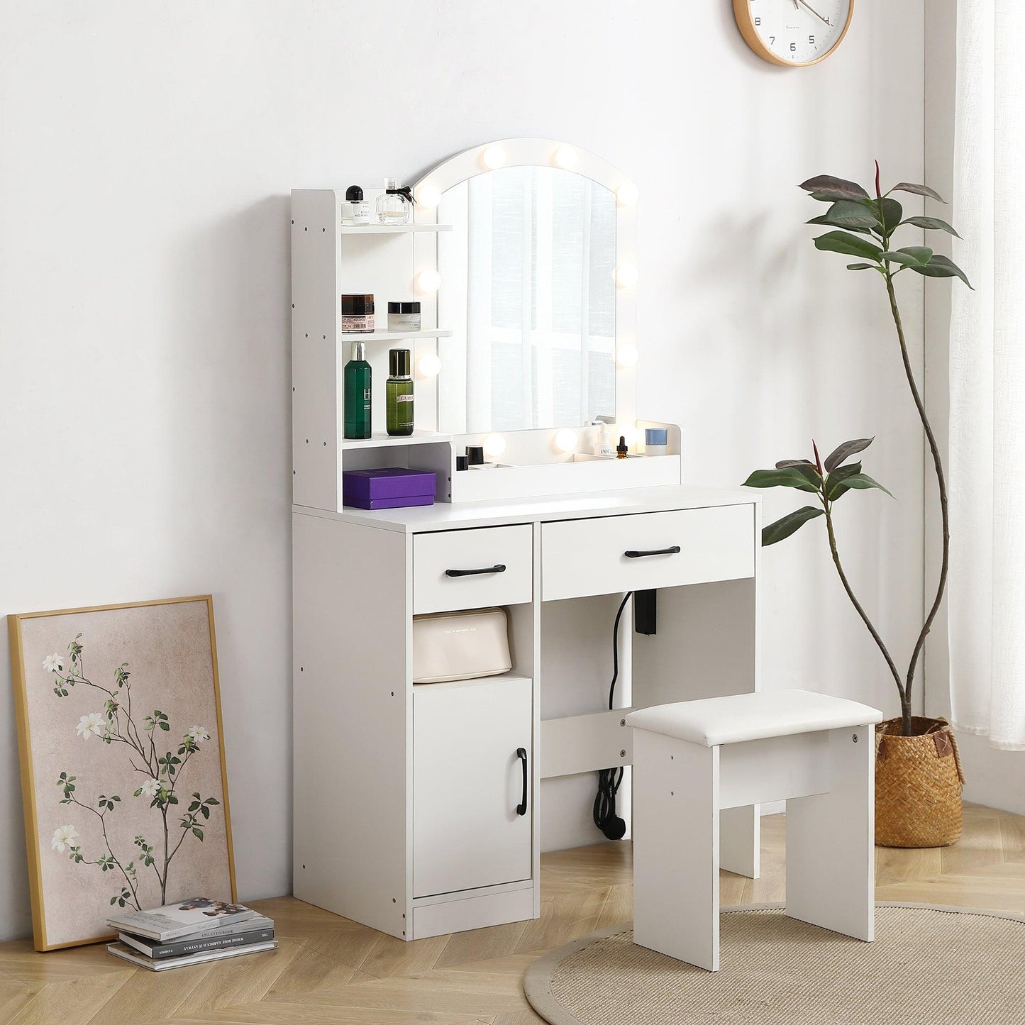 Vanity desk set including table with large lighted mirror 3 color lighting modes adjustable brightness white color - FurniFindUSA
