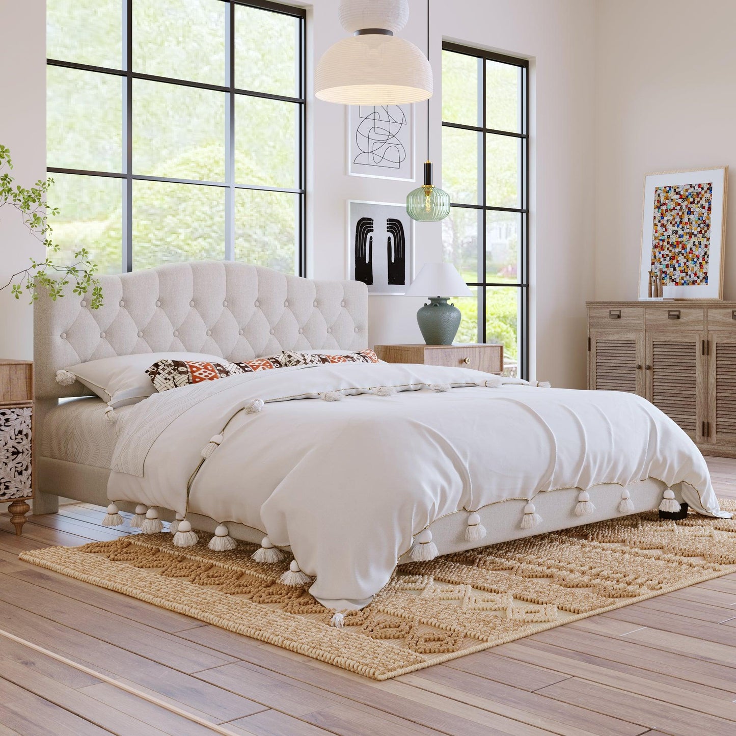 Upholstered Platform Bed with Saddle Curved Headboard and Diamond Tufted Details King Beige - FurniFindUSA