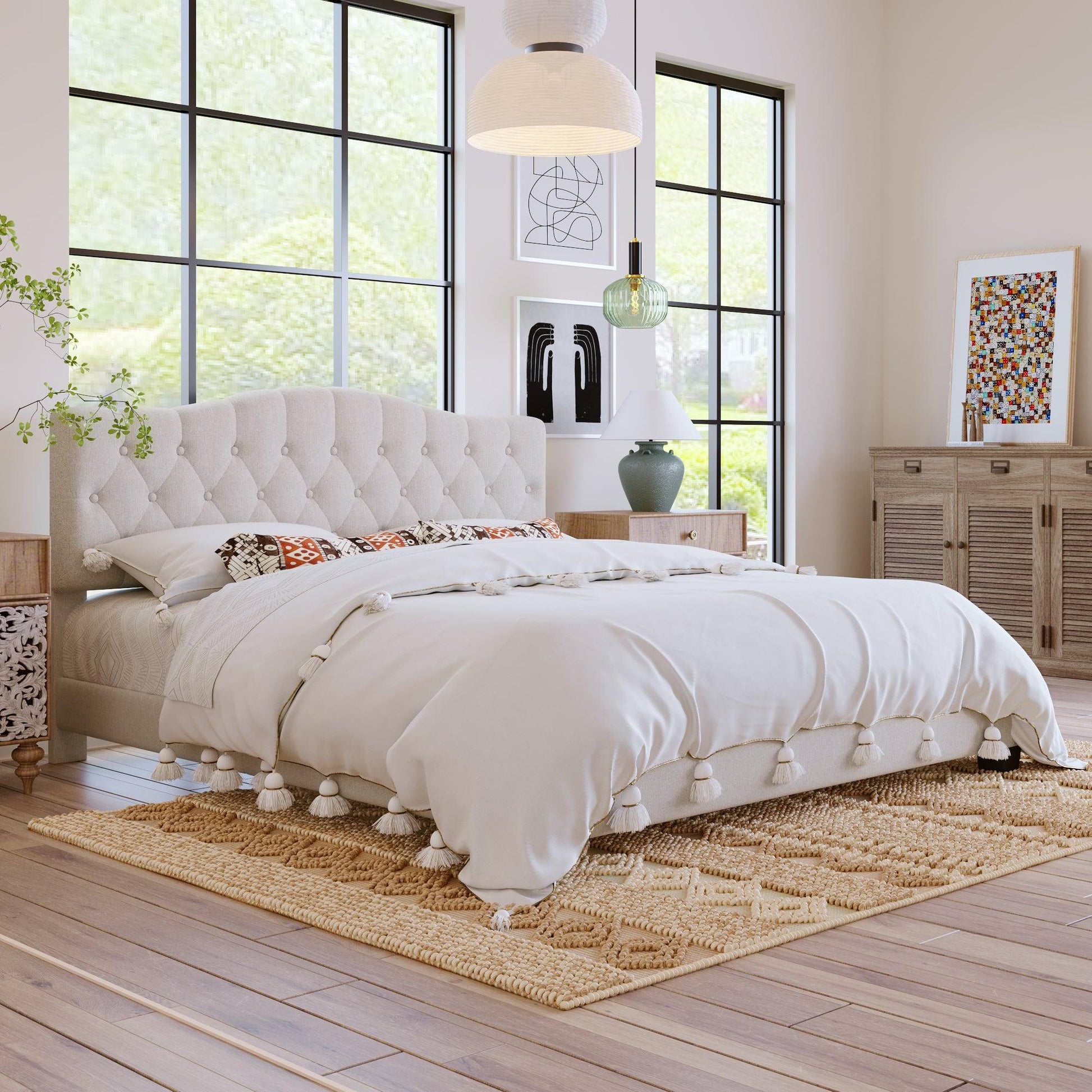 Upholstered Platform Bed with Saddle Curved Headboard and Diamond Tufted Details King Beige - FurniFindUSA