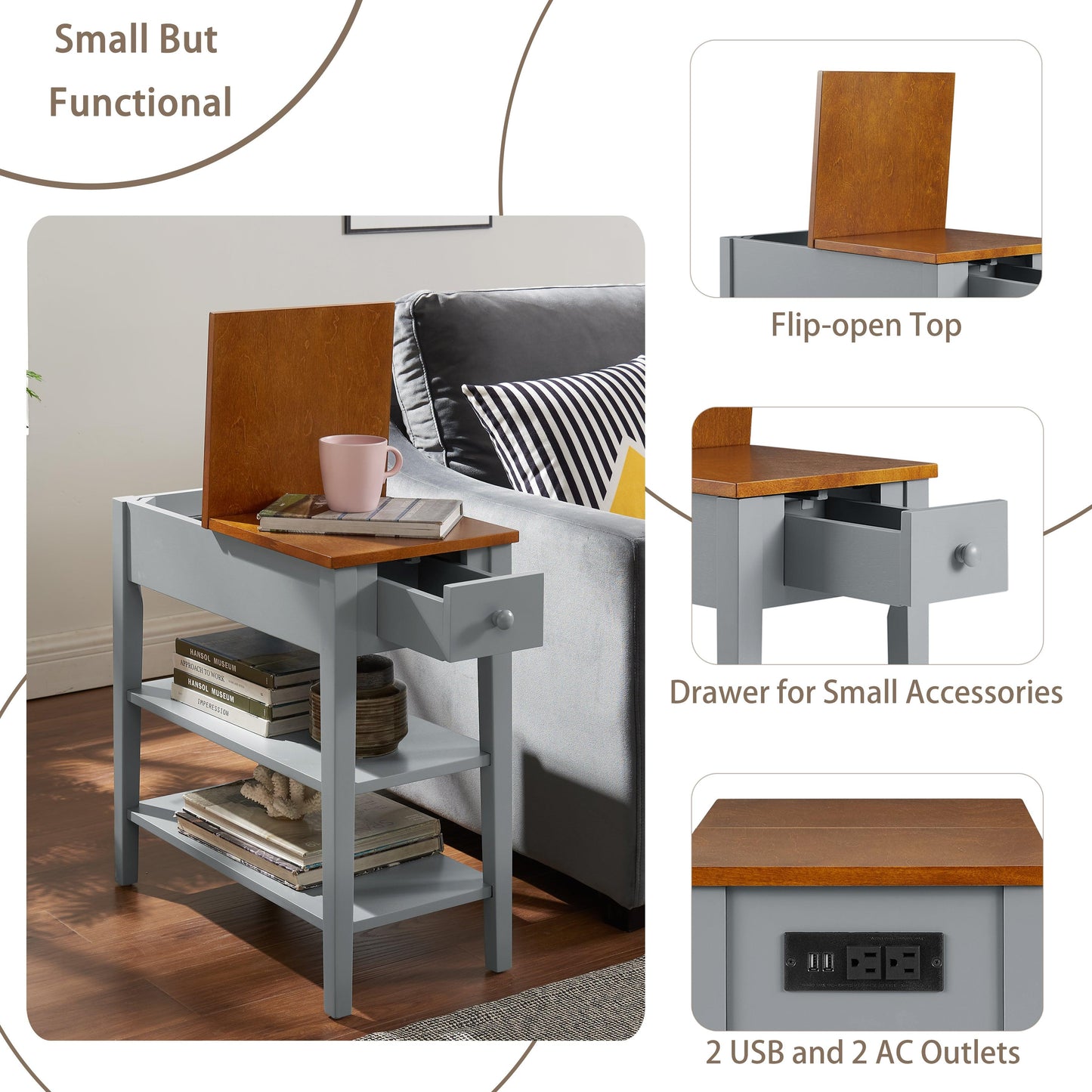 Narrow 2-tone End Table with USB Charging Ports for Small Space SOLID WOOD Table Legs Gray and Walnut 11.8"W*24"D*24.2"H - FurniFindUSA