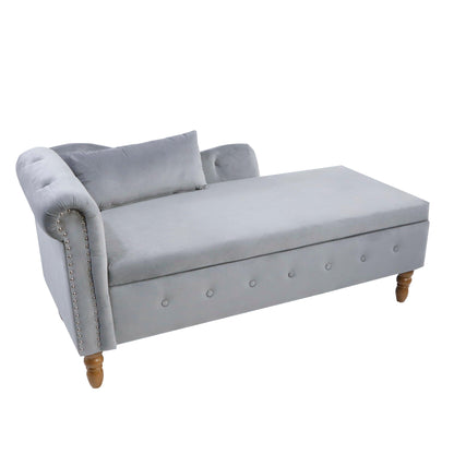 Grey Chaise Lounge Indoor Velvet Lounge Chair for Bedroom with Storage & Pillow Modern Upholstered Rolled Arm Chase Lounge - FurniFindUSA