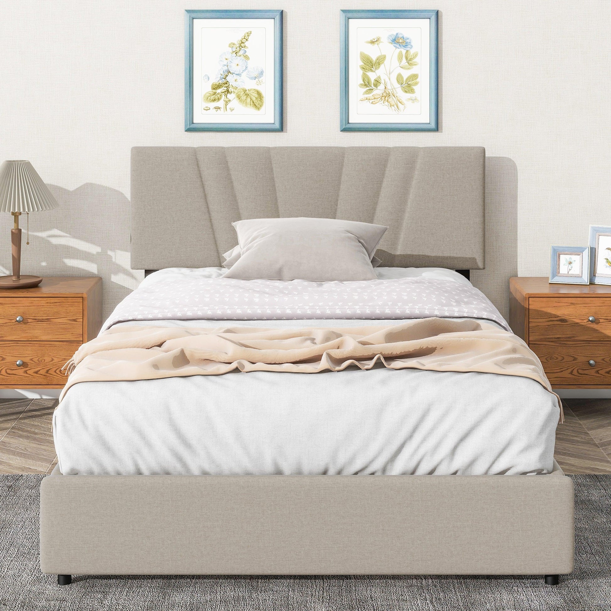 Queen Upholstered Platform Bed with Lifting Storage Queen Size Bed Frame with Storage and Tufted Headboard (Queen Beige) - FurniFindUSA