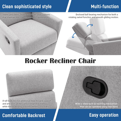 Modern Upholstered Rocker Nursery Chair Plush Seating Glider Swivel Recliner Chair Gray - FurniFindUSA