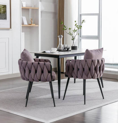 Pure Purple Modern Velvet Dining Chairs Set of 2 Hand Weaving Accent Chairs Living Room Chairs Upholstered Side Chair - FurniFindUSA