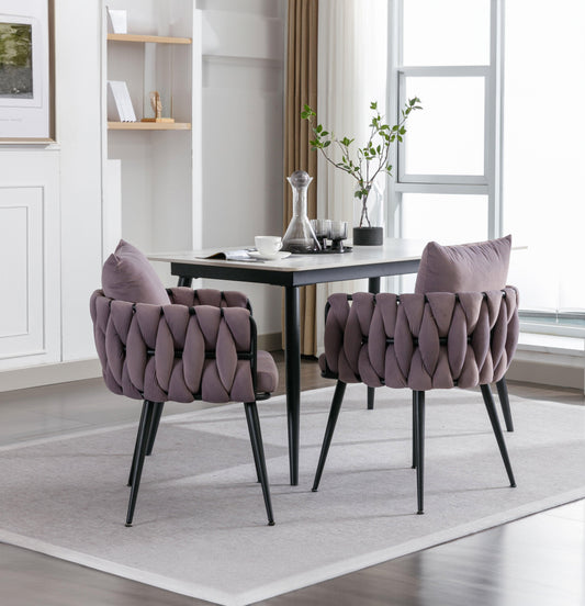 Pure Purple Modern Velvet Dining Chairs Set of 2 Hand Weaving Accent Chairs Living Room Chairs Upholstered Side Chair - FurniFindUSA