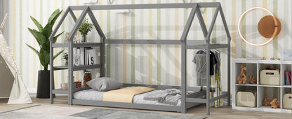 Twin House-Shaped Floor Bed with 2 Detachable Stands Grey - FurniFindUSA