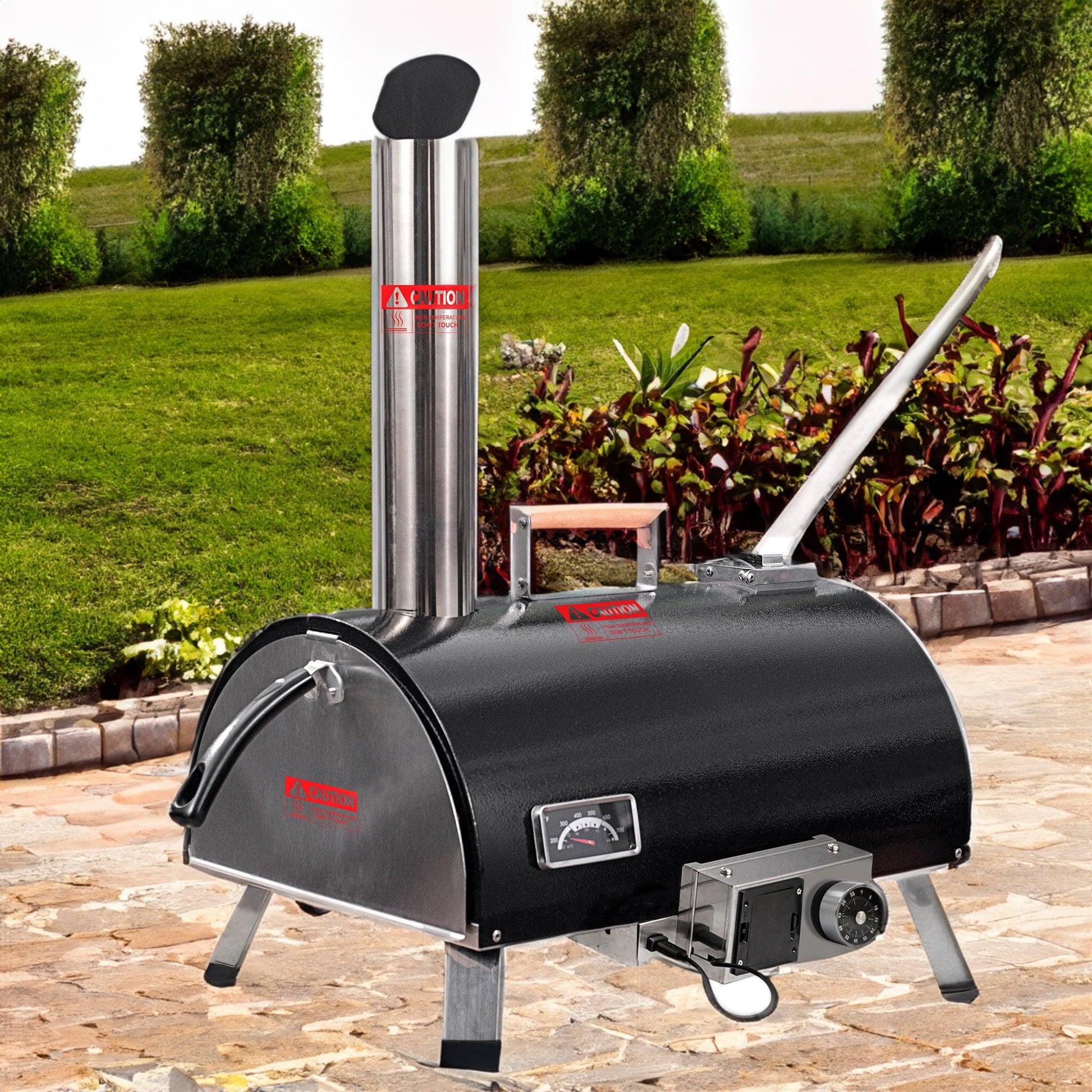 Black Pizza Oven Outdoor 12" Automatic Rotatable Pizza Ovens Portable Stainless Steel Wood Fired Pizza Oven Pizza Maker - FurniFindUSA