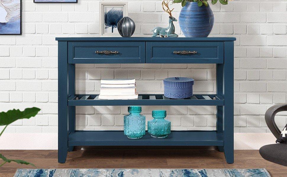 Console Sofa Table with 2 Storage Drawers and 2 Tiers Shelves Mid-Century Style 42'' Solid Wood Buffet Sideboard Navy Blue - FurniFindUSA