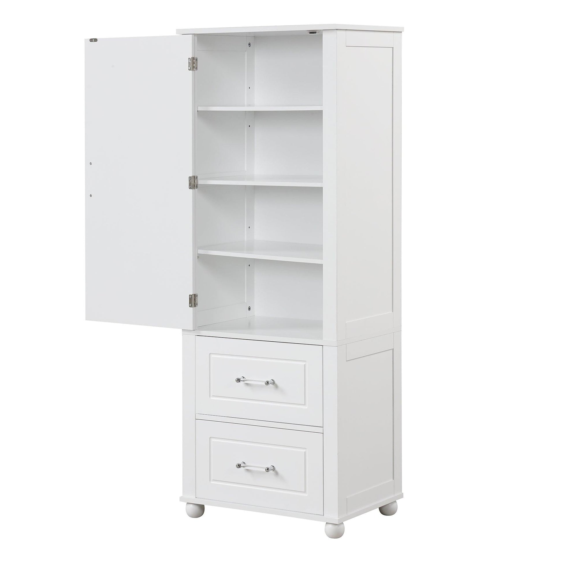 Tall bathroom storage cabinet with two drawers and adjustable shelves for independent storage - FurniFindUSA