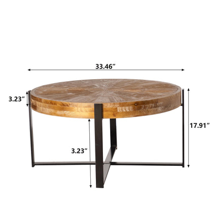 33.46"Retro drawing technology Splicing Round Coffee Table Fir Wood Table Top with Black Cross Legs Base - FurniFindUSA