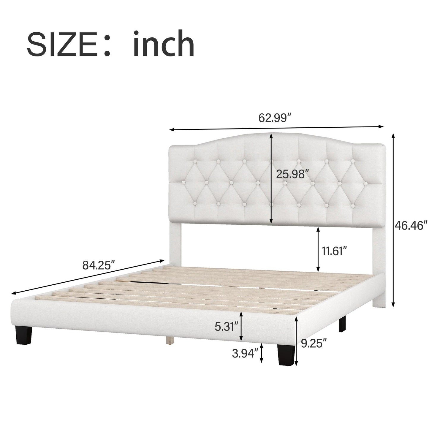 Upholstered Platform Bed with Saddle Curved Headboard and Diamond Tufted Details Queen Beige - FurniFindUSA