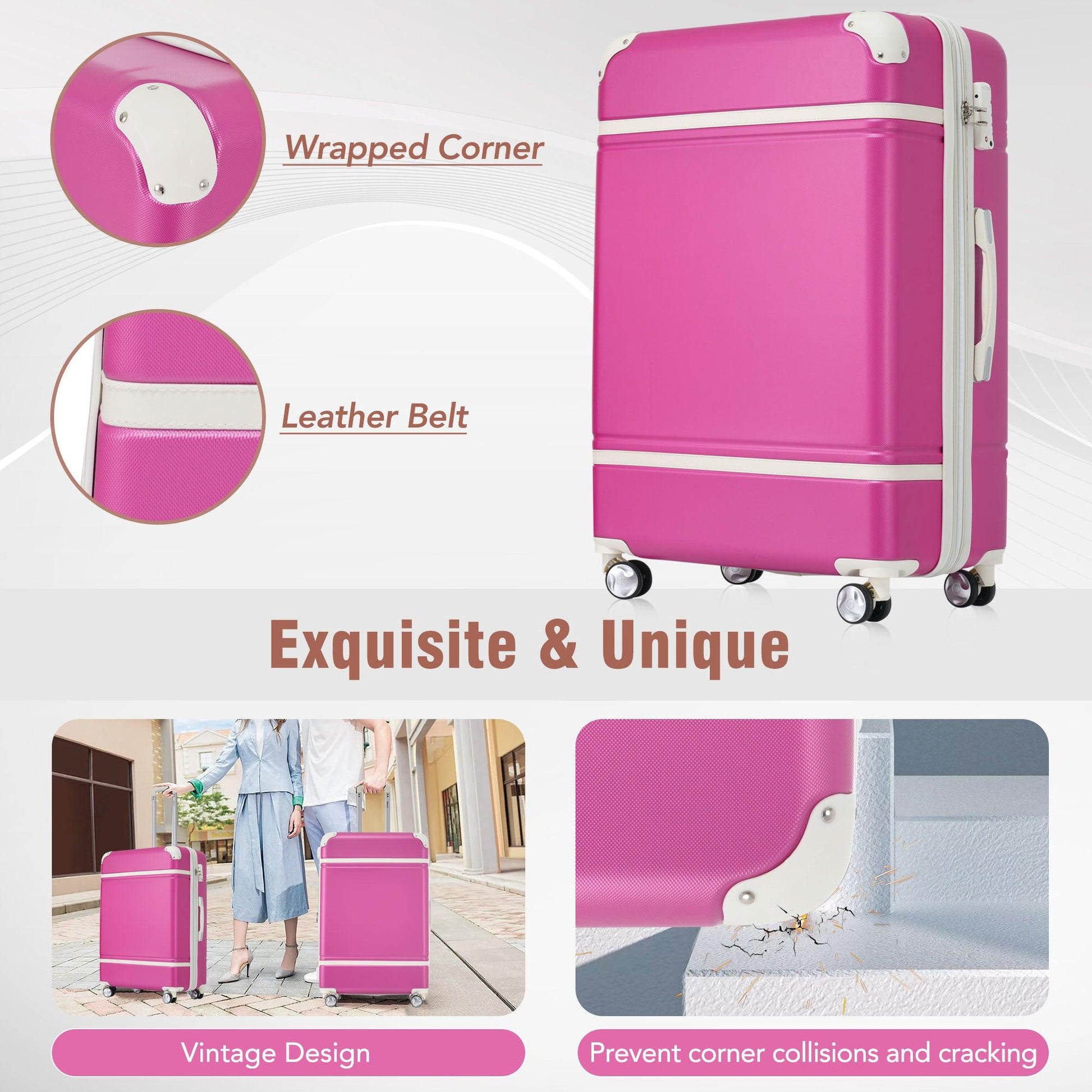 24 IN Luggage 1 Piece with TSA lock , Expandable Lightweight Suitcase Spinner Wheels, Vintage Luggage,Pink - FurniFindUSA