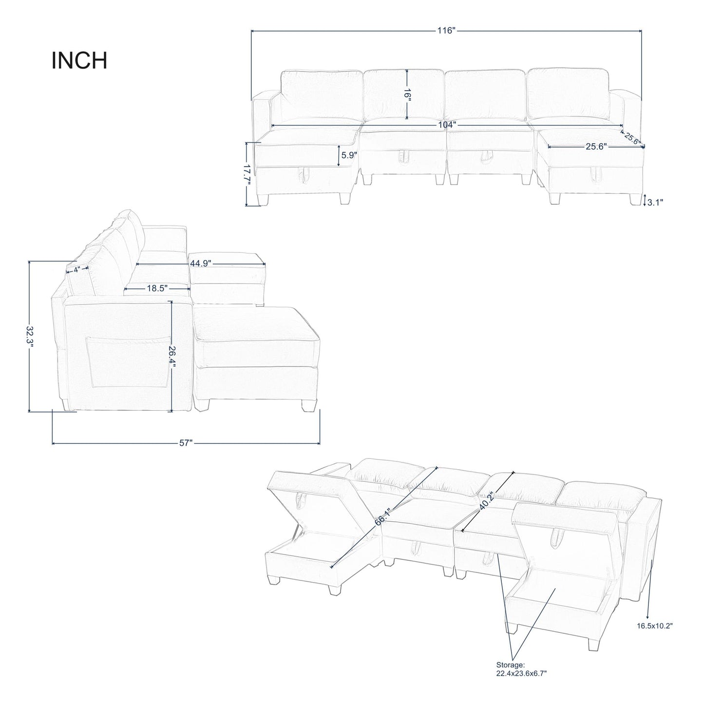 116” Square Arm Sectional Sofa