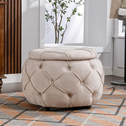 Large Button Tufted Woven Round Storage Footstool。Suitable for living room, bedroom, study - FurniFindUSA