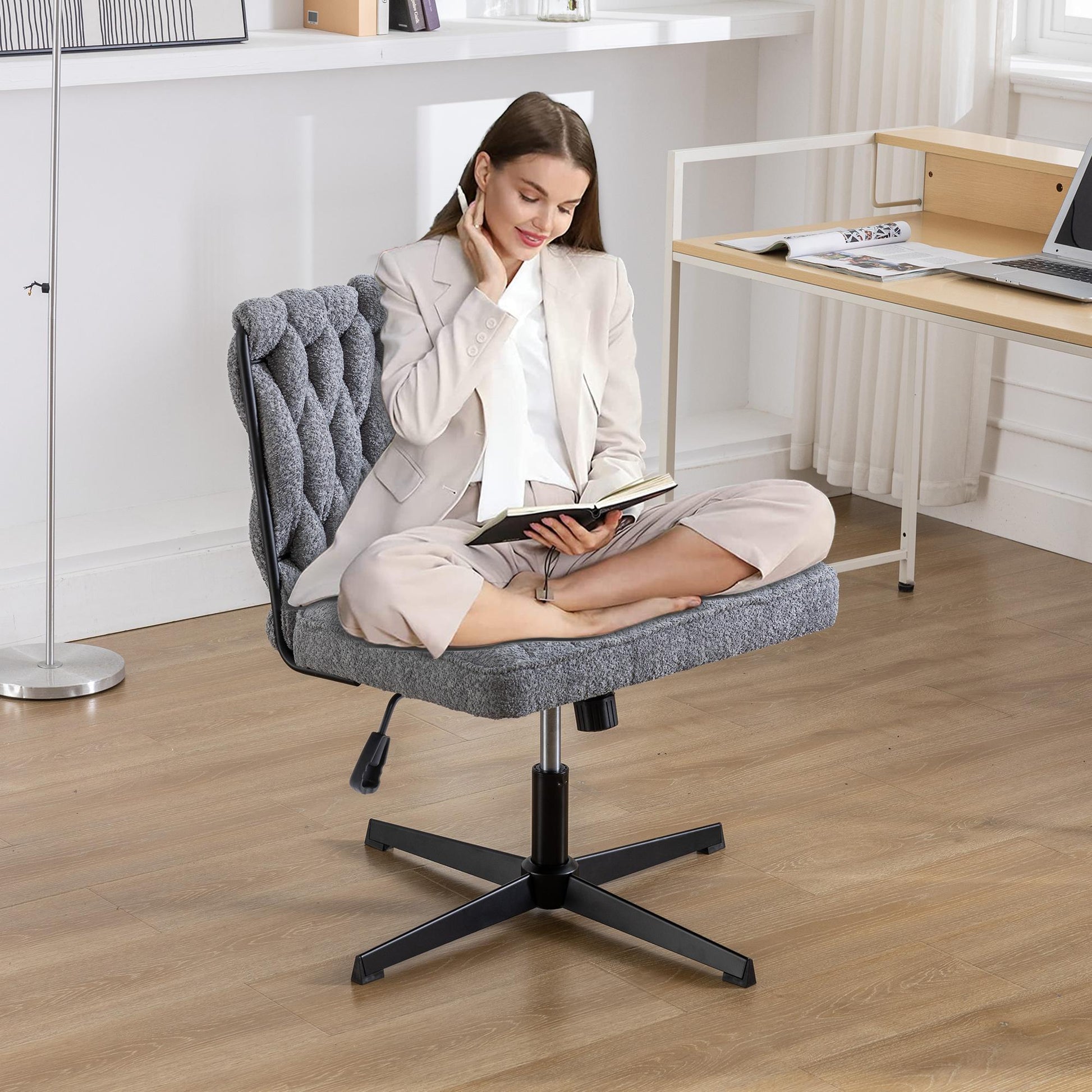 Armless Office Chair no Wheels, Ergonomic Wide Seat Swivel Desk Chair, Height Adjustable Cross Legged Comfortable Computer Chair for Living Room, Van - FurniFindUSA