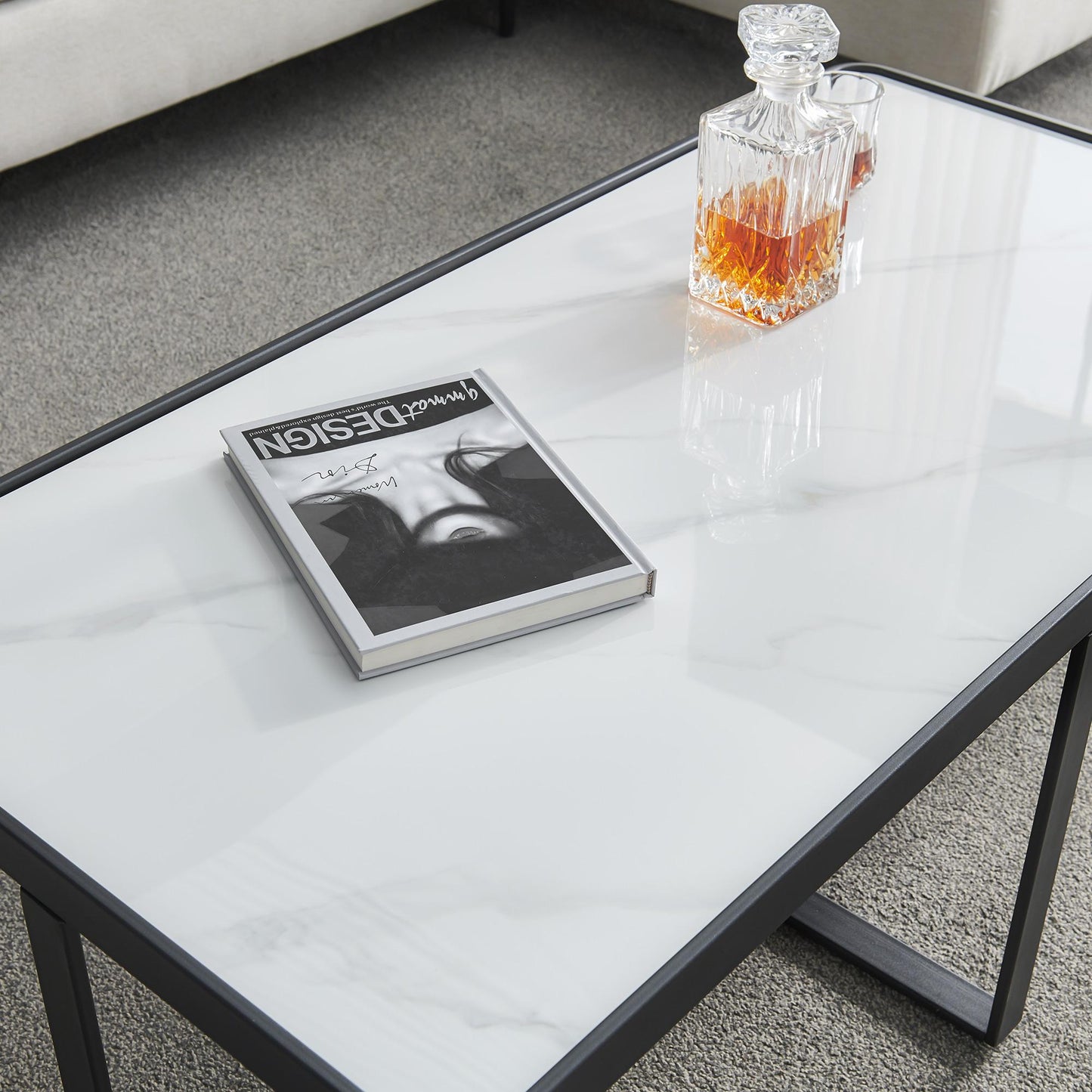 Minimalism rectangle coffee table,Black metal frame with sintered stone tabletop