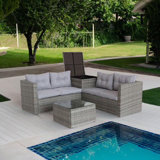 4 Piece Patio Sectional Wicker Rattan Outdoor Furniture Sofa Set with Storage Box Grey - FurniFindUSA