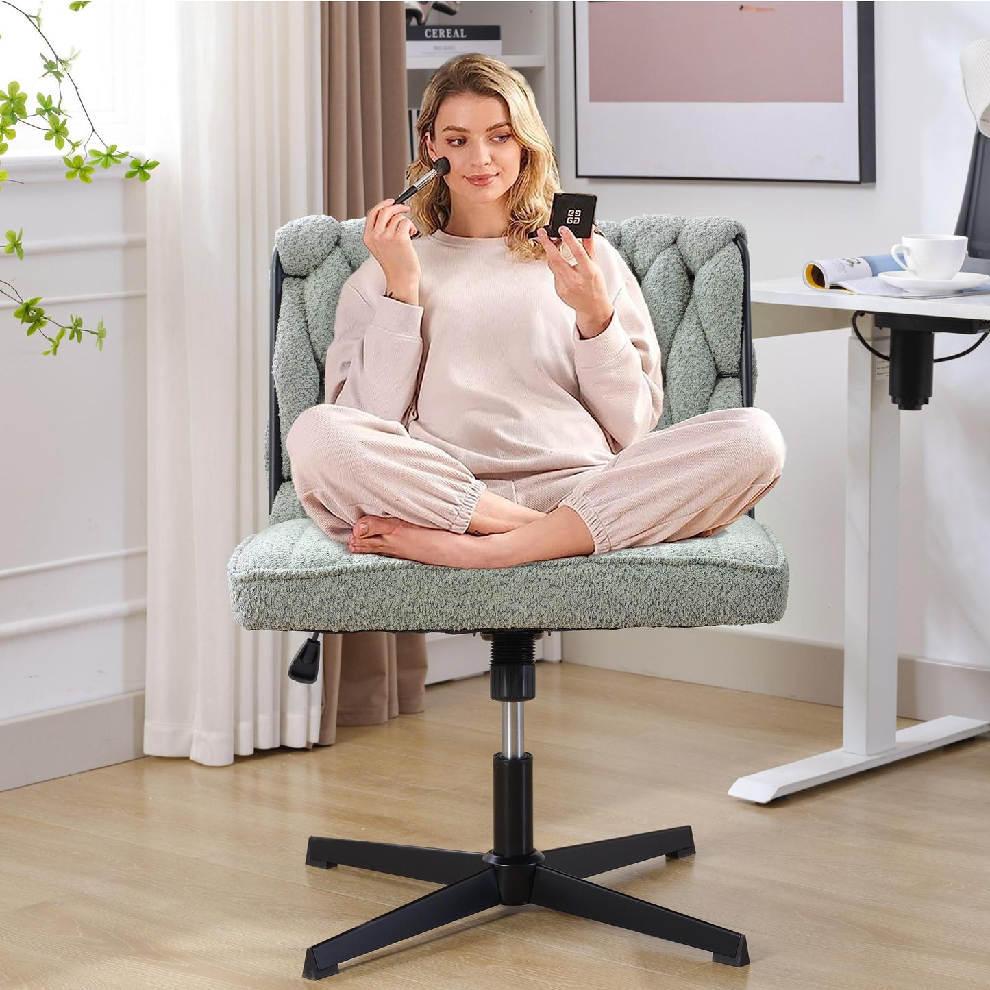 Armless Office Chair no Wheels, Ergonomic Wide Seat Swivel Desk Chair, Height Adjustable Cross Legged Comfortable Computer Chair for Living Room, Van - FurniFindUSA