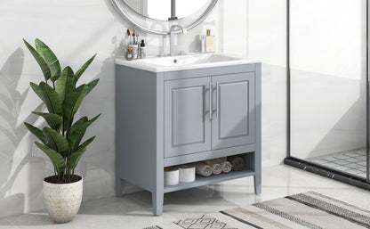 30" Bathroom Vanity with Sink, Multi-functional Bathroom Cabinet with Doors and Drawers, Solid Frame and MDF Board, Grey - FurniFindUSA