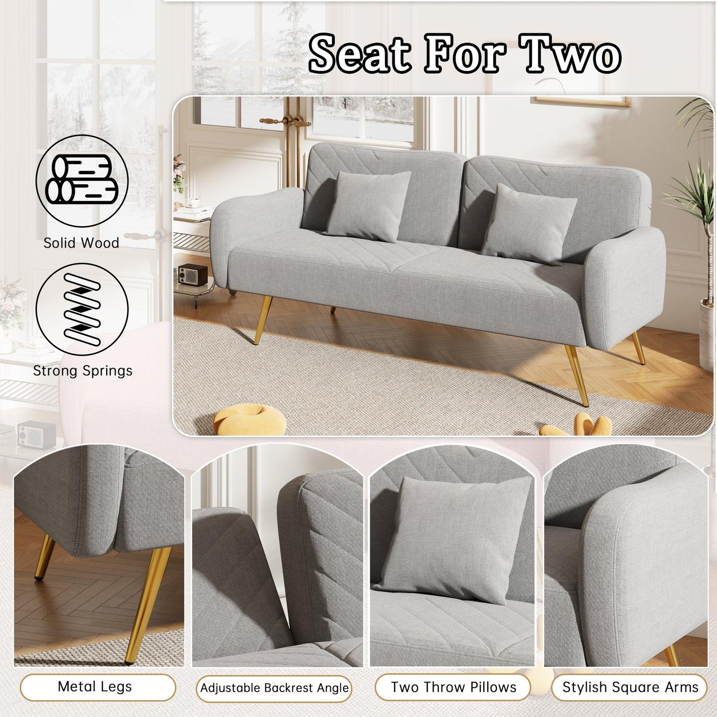 70.47" Gray Fabric Double Sofa with Split Backrest and Two Throw Pillows - FurniFindUSA