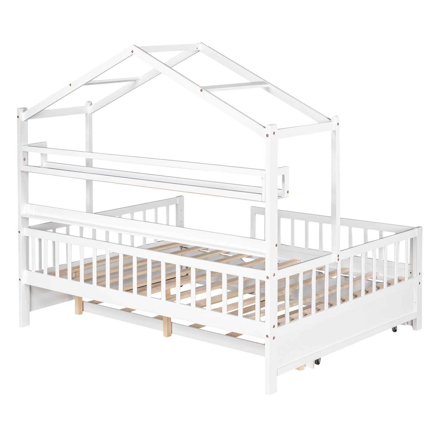 Wooden Full Size House Bed with Twin Size Trundle Kids Bed with Shelf White - FurniFindUSA