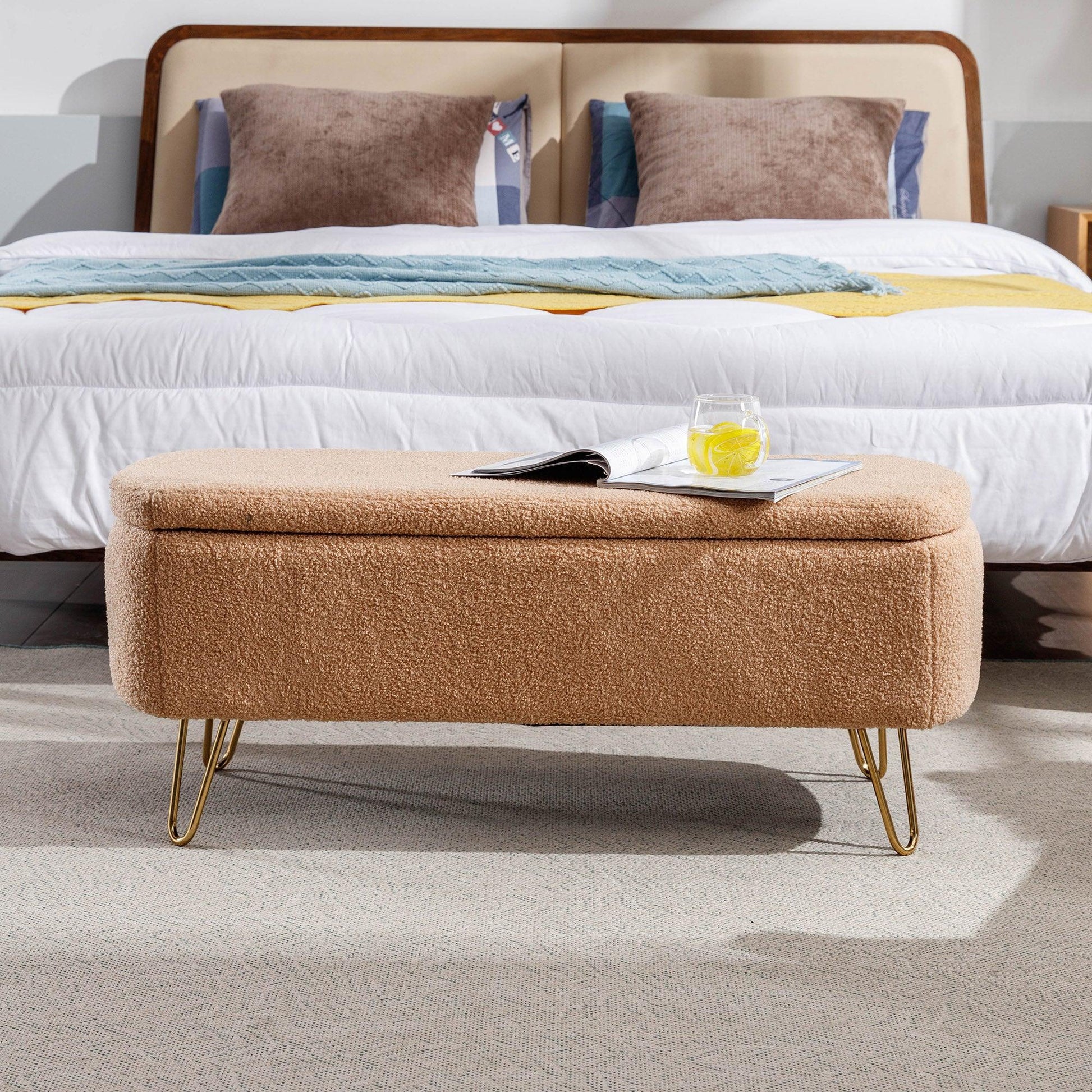 Camel Storage Ottoman Bench for End of Bed Gold Legs - FurniFindUSA