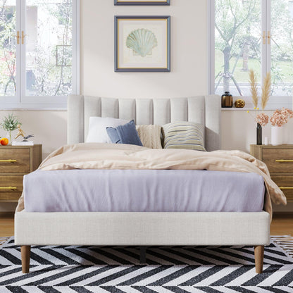 Upholstered Platform Bed Frame with Vertical Channel Tufted Headboard No Box Spring Needed Full Cream - FurniFindUSA