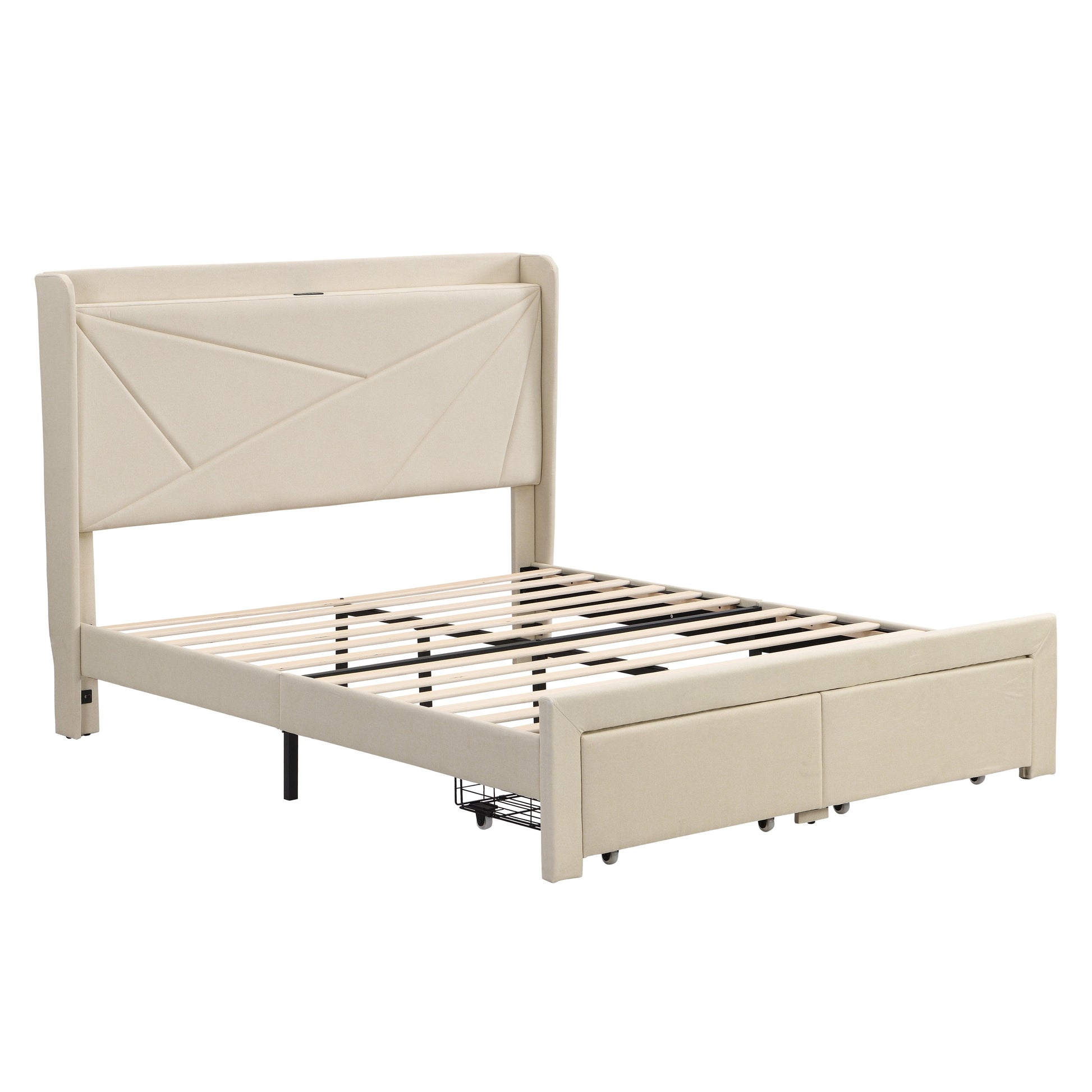 Full Size Bed Frame with 2 Storage Drawers Upholstered Bed Frame Beige - FurniFindUSA