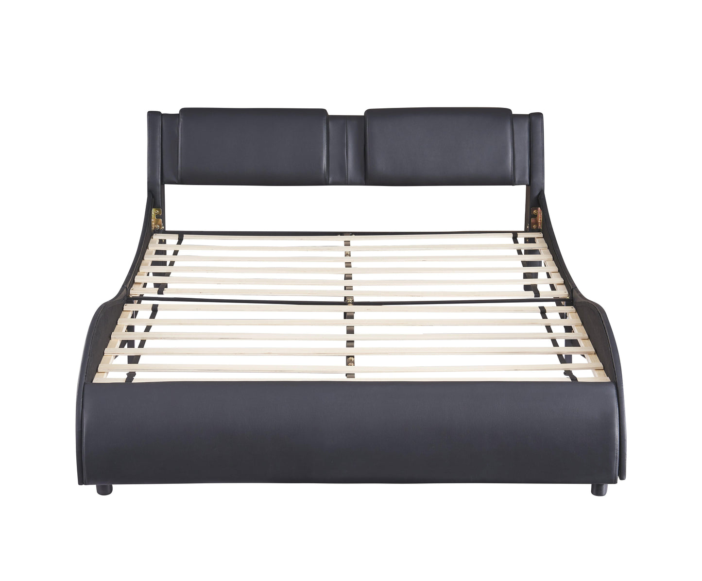 Queen Size Upholstered Faux Leather Platform Bed with LED Light Bed Frame with Slatted - Black - FurniFindUSA